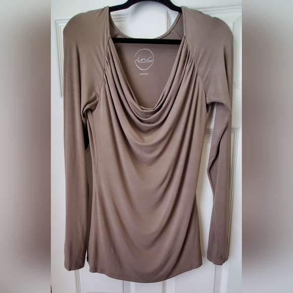 INC International Concepts Taupe Draped Neckline Long Sleeve Blouse Size L - Picture 2 of 5